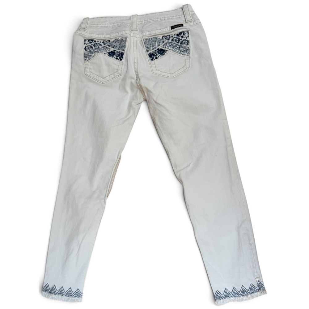 Miss Me White Ankle Skinny Jeans Blue Embroidered Pockets Size 28 Frayed Hem